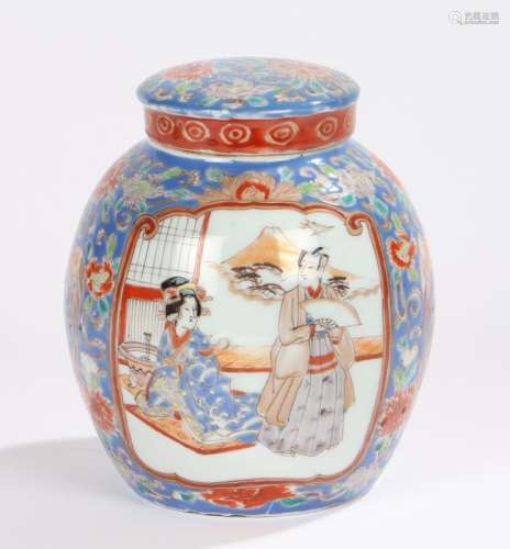 Japanese porcelain ginger jar and cover decorated with figural panels in front of a volcano with a