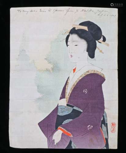 Japanese Meiji period print, of a Geisha, in pen to the top of the page the text 