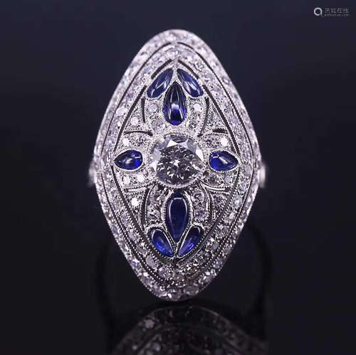 ART DECO PT SAPPHIRE DIAMOND RING