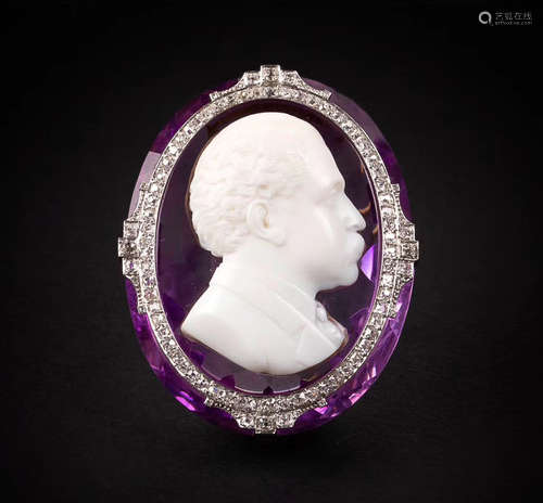 MELLERIO AMETHYST PT DIAMOND BROOCH WITH AMBER EMBOSSMENT