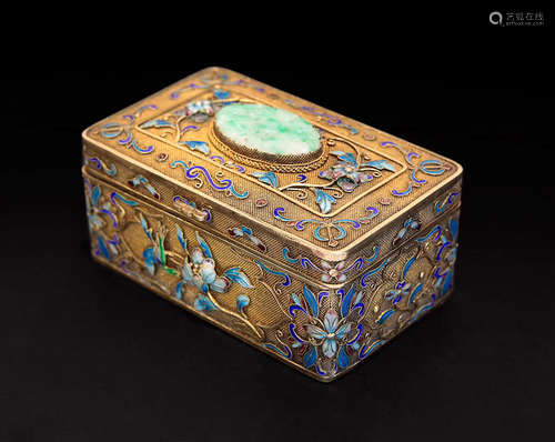 CHINESE GILT SILVER BLUING JEWEL CASE WITH JADE INLAID