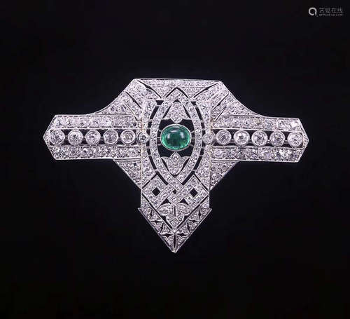 ART DECO PT EMERALD DIAMOND BROOCH