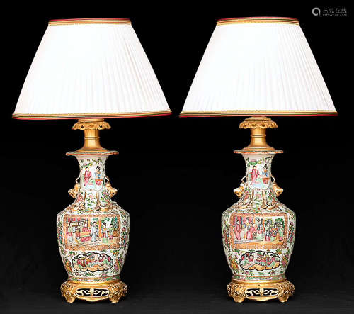 GILT BRONZE CANTON ENAMEL PORCELAIN LAMPS