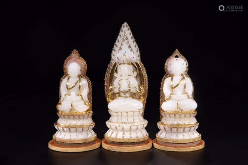 WHITE HETIAN JADE GILT BUDDHA SET FOR 3