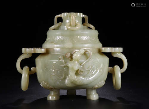 HETIAN JADE DOUBLE FLOWER EAR THREE BEAST LEGS COVER CENSER