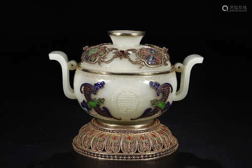 WHITE HETIAN JADE SILVER GILT CLOISONNE FU SHOU PATTERN DOUBLE EAR CENSER