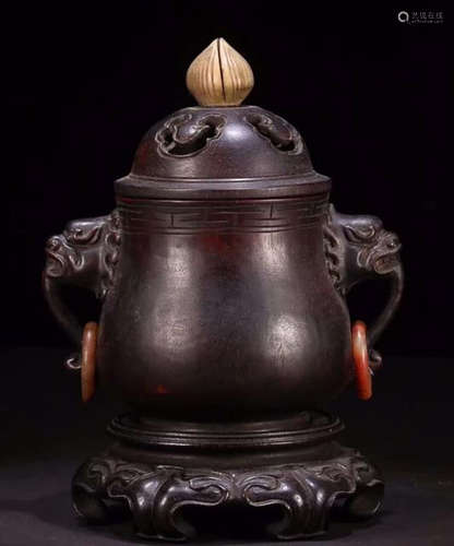 XIAOYE ZITAN WOOD EMBEDDED SHOUSHAN STONE BEAST FACE EAR CENSER