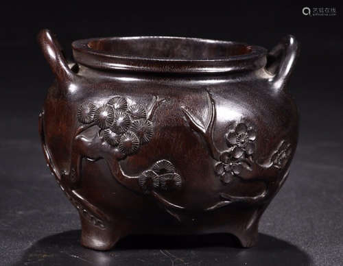 XIAOYE ZITAN WOOD PINE & BAMBOO & PLUM PATTERN DOUBLE EAR THREE LEGS CENSER