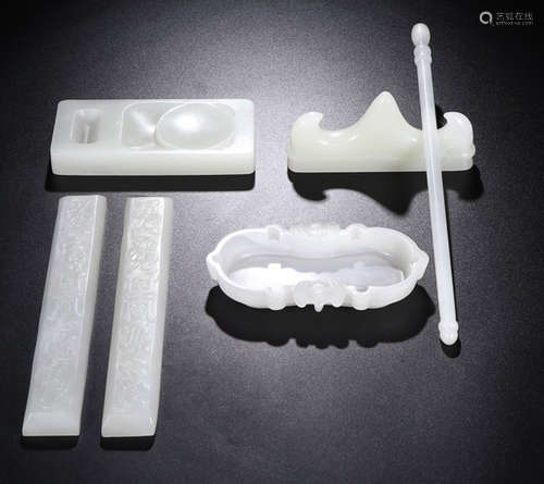 WHITE HETIAN JADE STUDY TOOL SET FOR 6