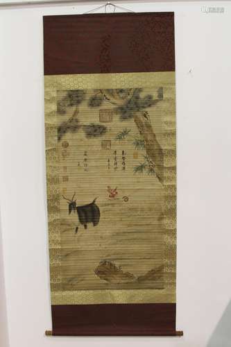 [CHINESE] QING DYNASTY STYLED TRADITIONAL CHINESE PAINTING OF THREE GOATS L:49.5