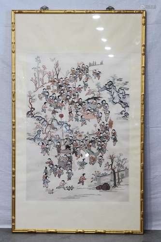 [CHINESE]20TH CENTURY PERIOD STYLED TRADITIONAL CHINESE EMBROIDERY PAINTING OF 100 BOYS W:28.25