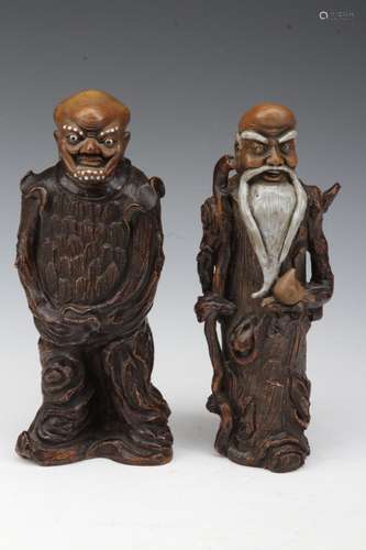 [CHINESE]A PAIR OF REPUBLIC OF CHINA PERIOD STYLED SHIWAN KILN MADE OLD MAN STATUES W:4.3