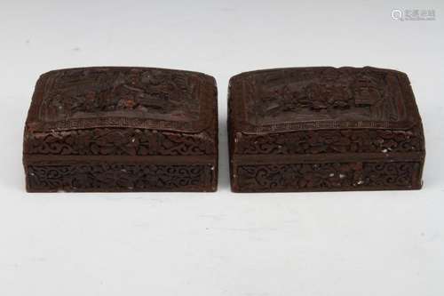 [CHINESE]A PAIR OF DA QING QIAN LONG NIAN ZHI MARKED LACQUER MADE JEWELRY BOXES PAINTED WITH FIGURES(TOTAL 2 ITEMS) L:5.3