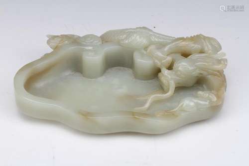 [CHINESE] HE TIAN JADE CARVED BRUSH WASH TRAY CARVED WITH DRAGON (365G) L:5.5