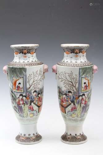 [CHINESE]A PAIR OF QIAN LONG NIAN ZHI MARKED FAMILLE ROSE PORCELAIN VASES PAINTED WITH BEAUTIFUL LADY W:6