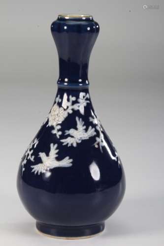 [CHINESE]DA QING JIA QING NIAN ZHI MARKED BLUE GLAZED VASE PAINTED WITH FLOWERS AND BIRDS PATTERN W:3