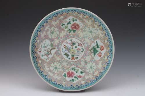 [CHINESE] QING DYNASTY STYLED FAMILLE ROSE BIG PORCELAIN PLATE PAINTED WITH FLOWERS AND LEAVES PATTERN W:15
