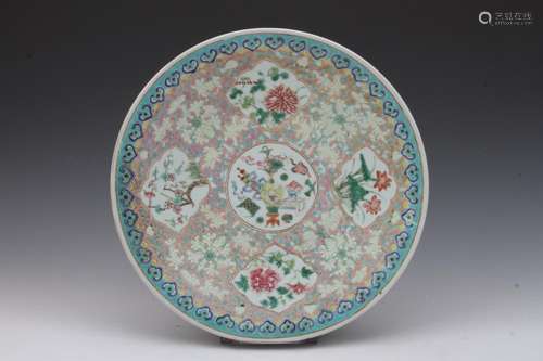 [CHINESE] QING DYNASTY STYLED FAMILLE ROSE BIG PORCELAIN PLATE PAINTED WITH FLOWERS AND LEAVES PATTERN W:15