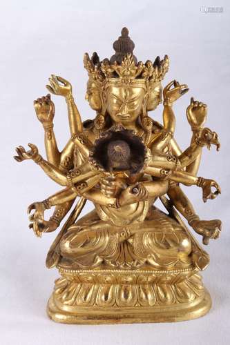 [CHINESE] LATE 19TH CENTURY BRONZE GILT MANDKESVARA BUDDHA STATUE ORNAMENT L:4.25