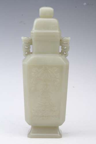 [CHINESE]A QING DYNASTY STYLED HE TIAN JADE CARVED DOUBLE EAR VASE WITH BUDDHA PATTERN(398g)L:3.15