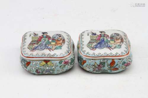 [CHINESE]DA QING QIAN LONG NIAN ZHI MARKED FAMILLE ROSE PORCELAIN BOX PAINTED WITH LADY AND KID PATTERN L:2.5