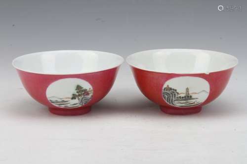 [CHINESE]A PAIR OF DA QING QIAN LONG NIAN ZHI MARKED RED GLAZED PORCELAIN BOWLS PAINTED WITH LANDSCAPE PATTERN(TOTAL 2 ITEMS) L:4.9