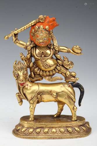 [CHINESE] LATE 19TH CENTURY PERIOD STYLED TIBETAN GILT-BRONZE BUDDHA STATUE ORNAMENT H:7.5