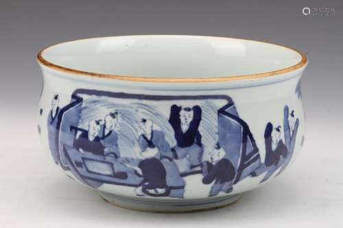 [CHINESE] QING DYNASTY STYLED BLUE AND WHITE PORCELAIN WATER BOWL PAINTED WITH PLAYING CHILDREN PATTERN W:8.75