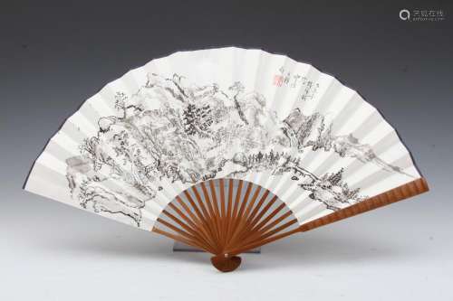 [CHINESE] QIAN QING XI XIE MARKED FOLDING FAN PAINTED WITH LANDSCAPE AND FIGURE PATTERN L:20