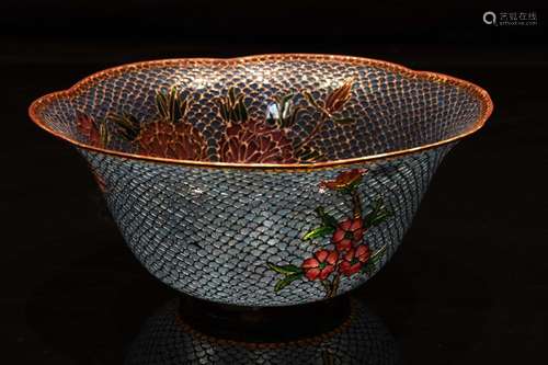 [CHINESE]THE LATE NINTEEN CENTURY STYLED CLOISONNE ENAMEL BOWL PAINTED WITH FLOWERS W:7.75