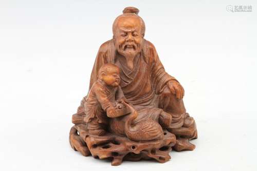 [CHINESE]20TH CENTURY STYLED BAMBOO MADE ELDER AND YOUTH STATUE ORNAMENT L:5.5