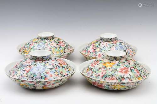 [CHINESE] A SET OF DA QING QIAN LONG NIAN ZHI MARKED PORCELAIN BOWLS WITH COVER PAINTED WITH FLOWER PATTERN (TOTAL 4 ITEMS AND MEASURE BY THE LARGEST ITEM) L:10