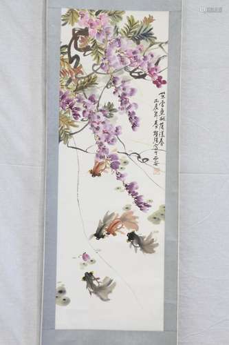 [CHINESE]A RONG QIANG MARKED TRADITIONAL CHINESE PAINTING OF FLOWERS AND FISH W:12.8