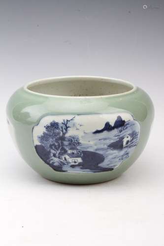 [CHINESE]QING DYNASTY STYLED BLUE AND WHITE GLAZED POT PAINTED WITH LANDSCAPE W:9.00