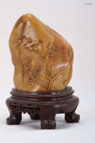 [CHINESE]A LATE 19TH CENTURY SHOU SHAN STONE CARVED LANDSCAPE AND FIGURE ORNAMENT(309g) L:2