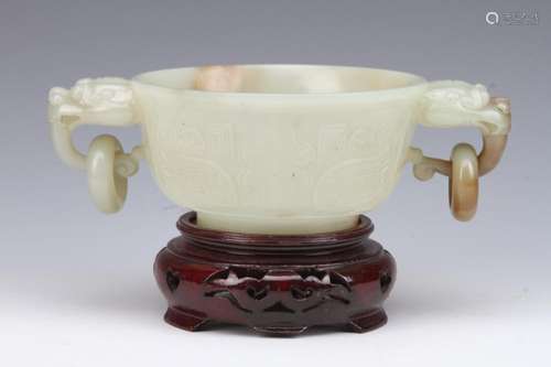 [CHINESE] QING DYANSTY STYLED HE TIAN JADE BOWL CARVED WITH DRAGON PATTERN (372g) L:7.5