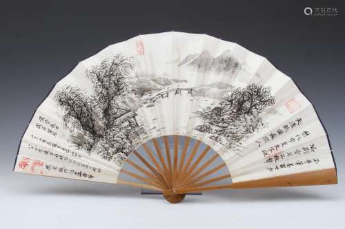 [CHINESE] CUI YUN LONG TI MARKED FOLDING FAN PAINTED WITH LANDSCAPE FIGURE AND CALLIGRAPHY PATTERN L:24
