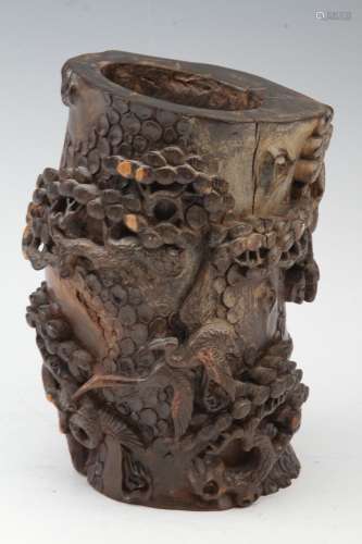 [CHINESE]A SUAN ZHI WOOD MADE BRUSH POT CARVED WITH PINE AND CRANE PATTERN L:6