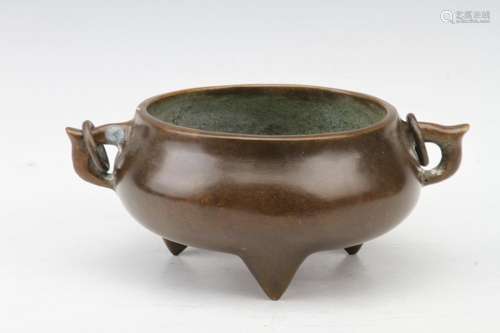 [CHINESE]SHI GU ZHI BAO MARKED BRONZE CENSER WITH HANDLERS L:8.25