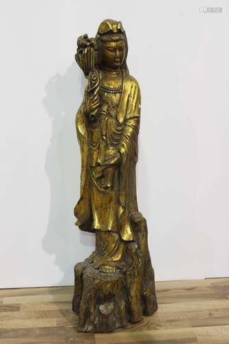 [CHINESE]A QING DYNASTY STYLED GILT WOOD CARVED KWAN YIN STATUE L:14