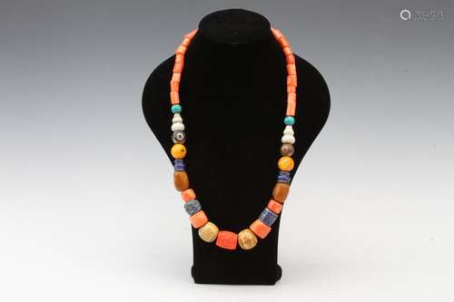 [CHINESE]CORAL, BEEWAX, LAPOS AND PEARL NECKLACE L:13