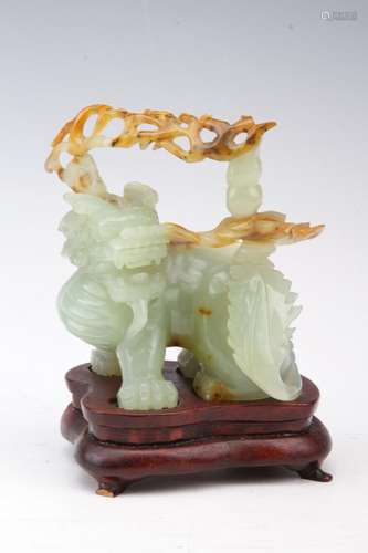 [CHINESE]A JADE CARVED ORNAMENT IN THE SHAPE OF QI LIN WITH STAND L:4