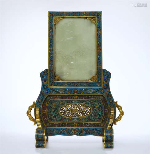 CHINESE JADE PLAQUE CLOISONNE TABLE SCREEN