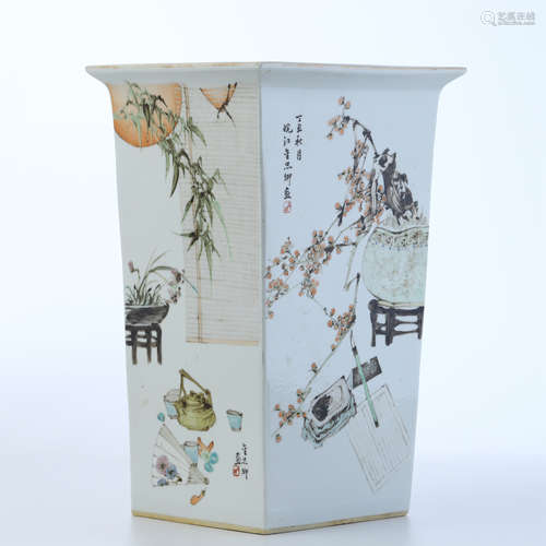 CHINESE PORCELAIN FAMILLE ROSE FLOWER SQUARE BRUSH POT