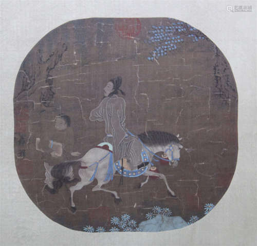 CHINESE ROUND FAN PAINTING OF HORSE MAN