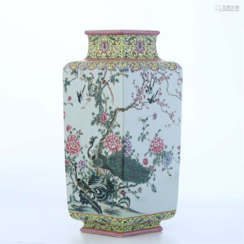 CHINESE PORCELAIN FAMILLE ROSE BIRD AND FLOWER SQUARE VASE