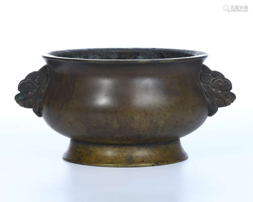 CHINESE BRONZE LION HEAD HANDLE ROUND CENSER