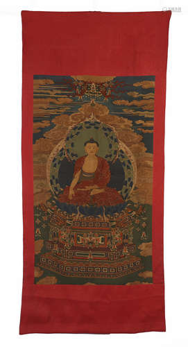 TIBETAN EMBROIDERY KESI THANGKA OF SEATED BUDDHA