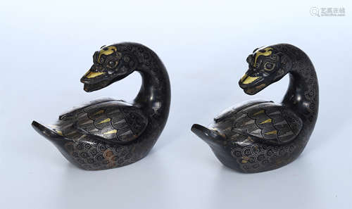 CHINESE GOLD SILVER INLAID BRONZE DUCK INCENSE CAGES