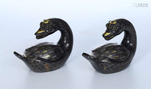 CHINESE GOLD SILVER INLAID BRONZE DUCK INCENSE CAGES